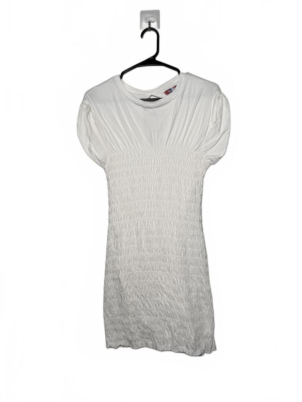 White Smocked Short Sleeve Fitted Dress with Puff‎ Sleeves